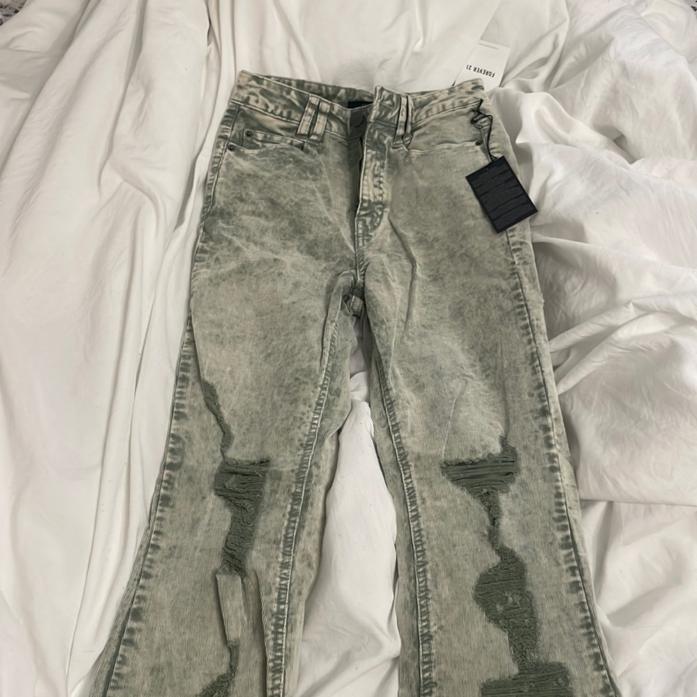 Forever 21 long woven ripped flare jeans sage green NWT size xsmall